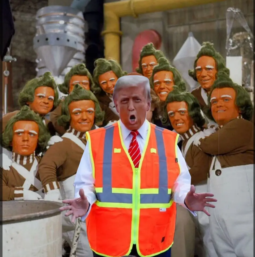 A man wearing a bright orange safety vest over a white shirt and red tie, with his mouth open in a surprised or exasperated…