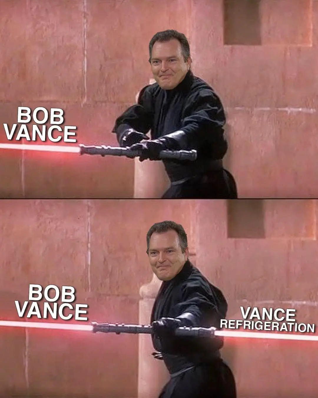 A two-panel meme featuring actor Kelsey Grammer as a character holding a red lightsaber. In the top panel, text reads 'BOB…