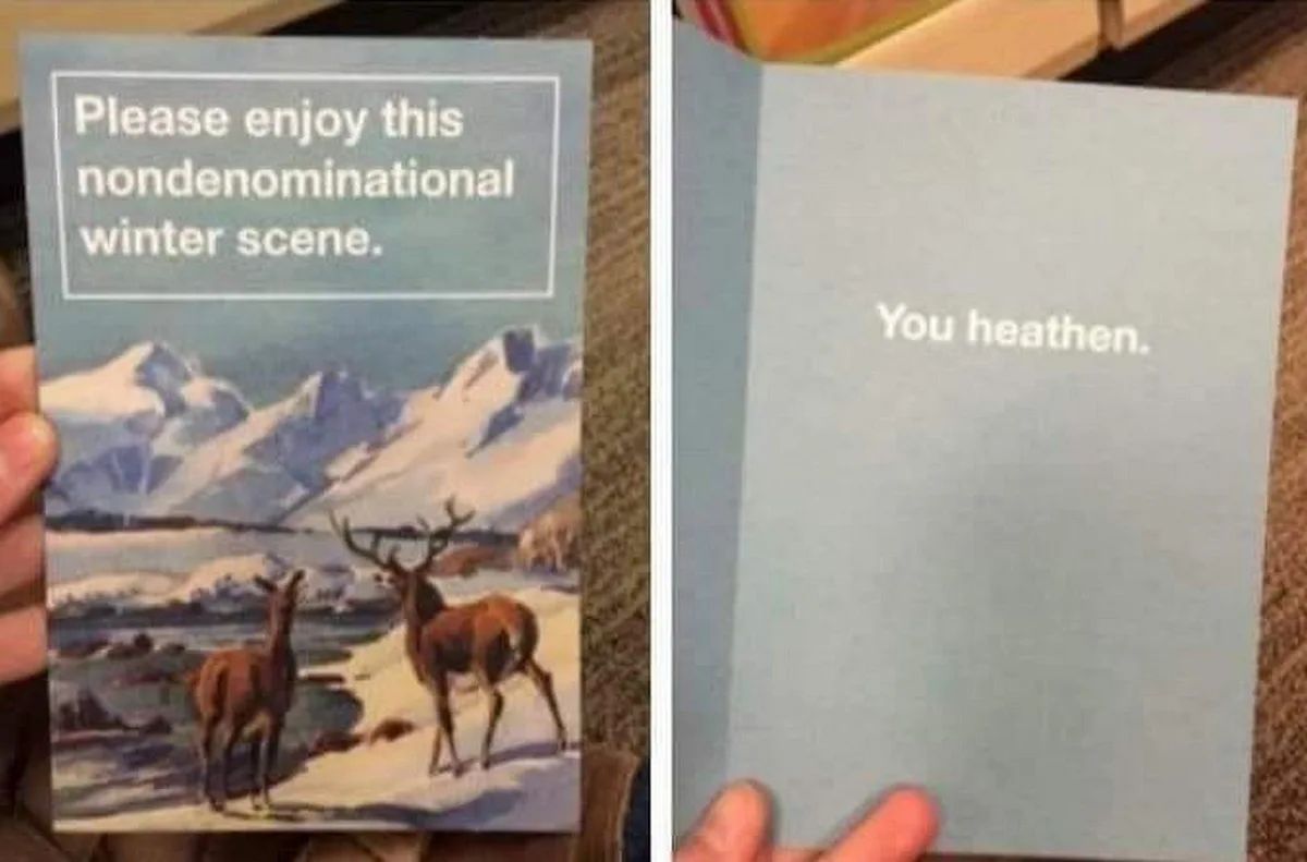 The image shows a split view of a greeting card. On the left, the front displays a snowy winter scene with two deer and text…