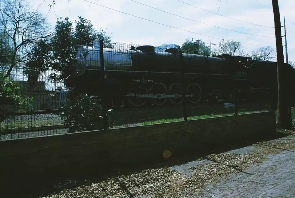 A vintage steam locomotive, number 3039, is seen behind a chain-link fence in a dimly lit, overgrown area with scattered…