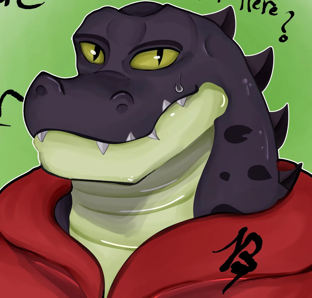 A cartoon crocodile with dark grey skin, yellow eyes, and sharp teeth wears a red hoodie with a black kanji character on the…