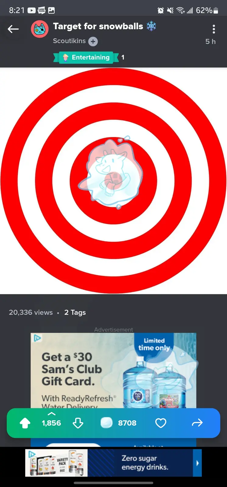 The image shows a red and white bullseye target with a cartoon snowman character in the center, appearing to be melting or…