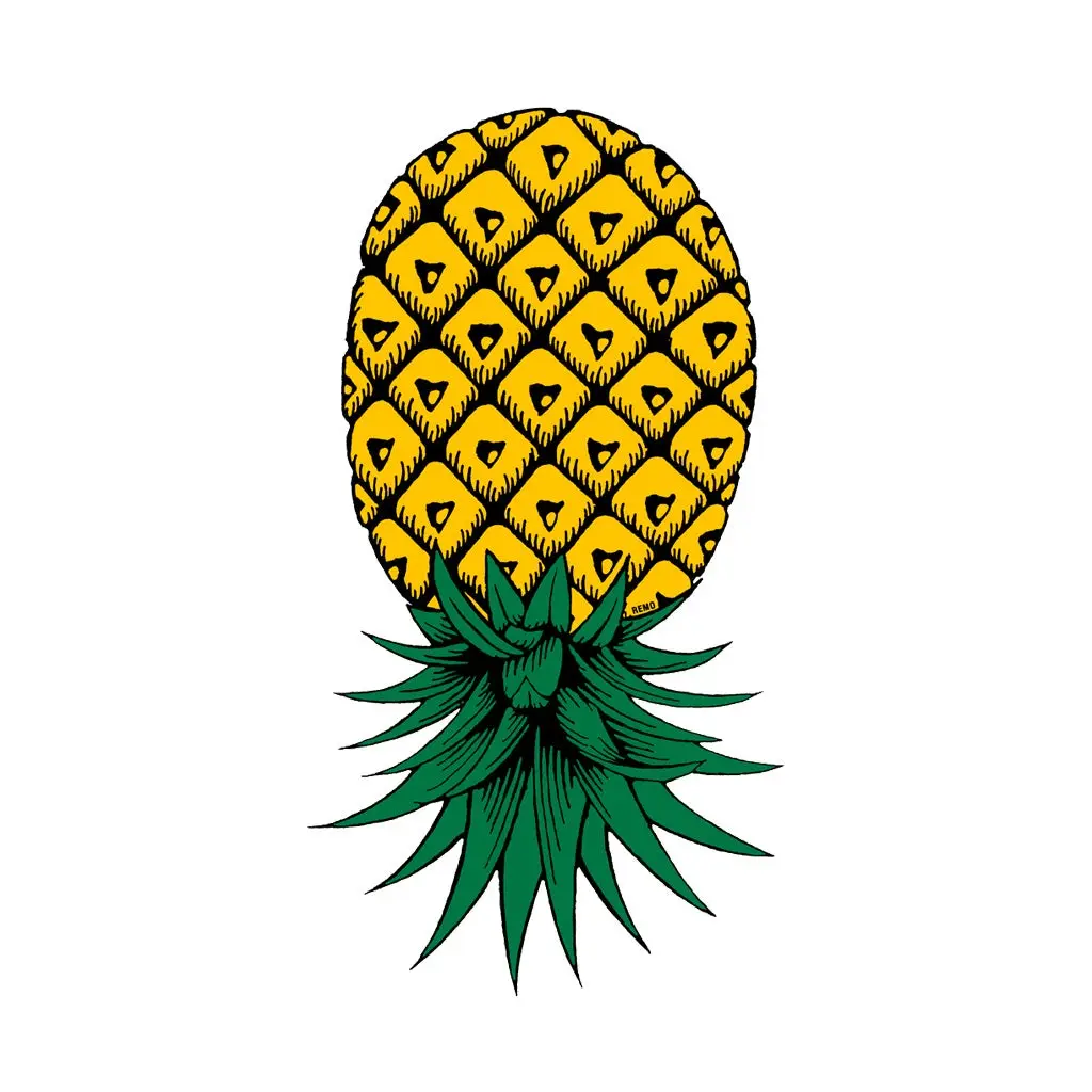 A stylized illustration of a pineapple with a yellow rind and green crown, set against a plain white background. The image…