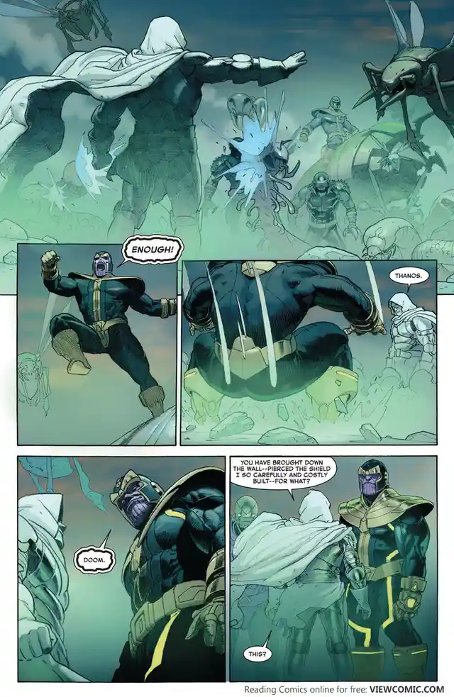 A comic panel shows Thanos shouting 'ENOUGH!' as he's attacked by a white-robed figure, identified as Doom. Thanos then asks…
