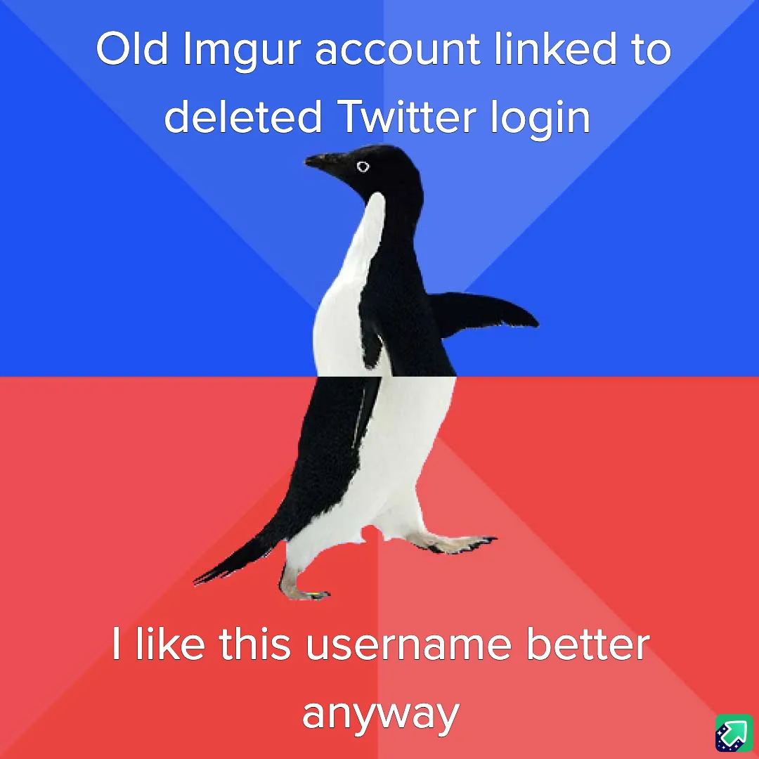 A penguin stands centered against a blue and red background, with white text at the top reading 'Old Imgur account linked to…