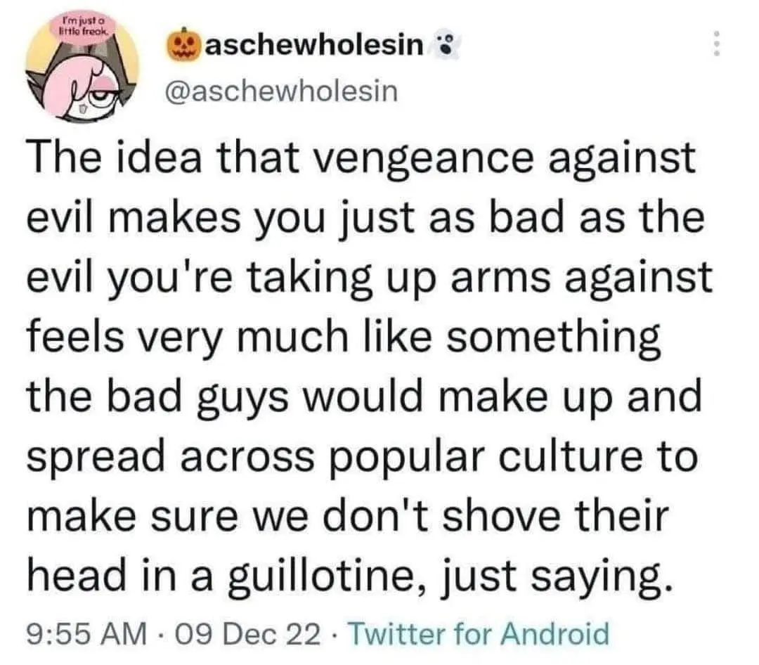A screenshot of a Twitter post by user 'aschewholesin' with a cartoon avatar. The post contains a block of text that reads…
