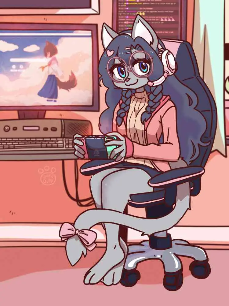 An anime-style anthropomorphic cat girl with glasses and headphones sits in a gaming chair, holding a Nintendo Switch…
