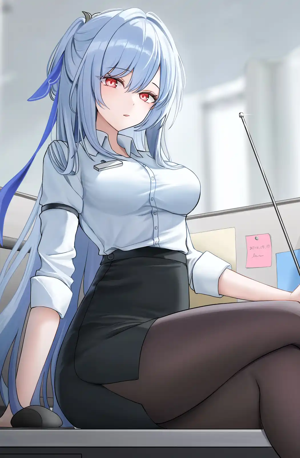 An anime-style woman with long blue hair and red eyes sits in an office chair wearing a white button-up shirt, black skirt…
