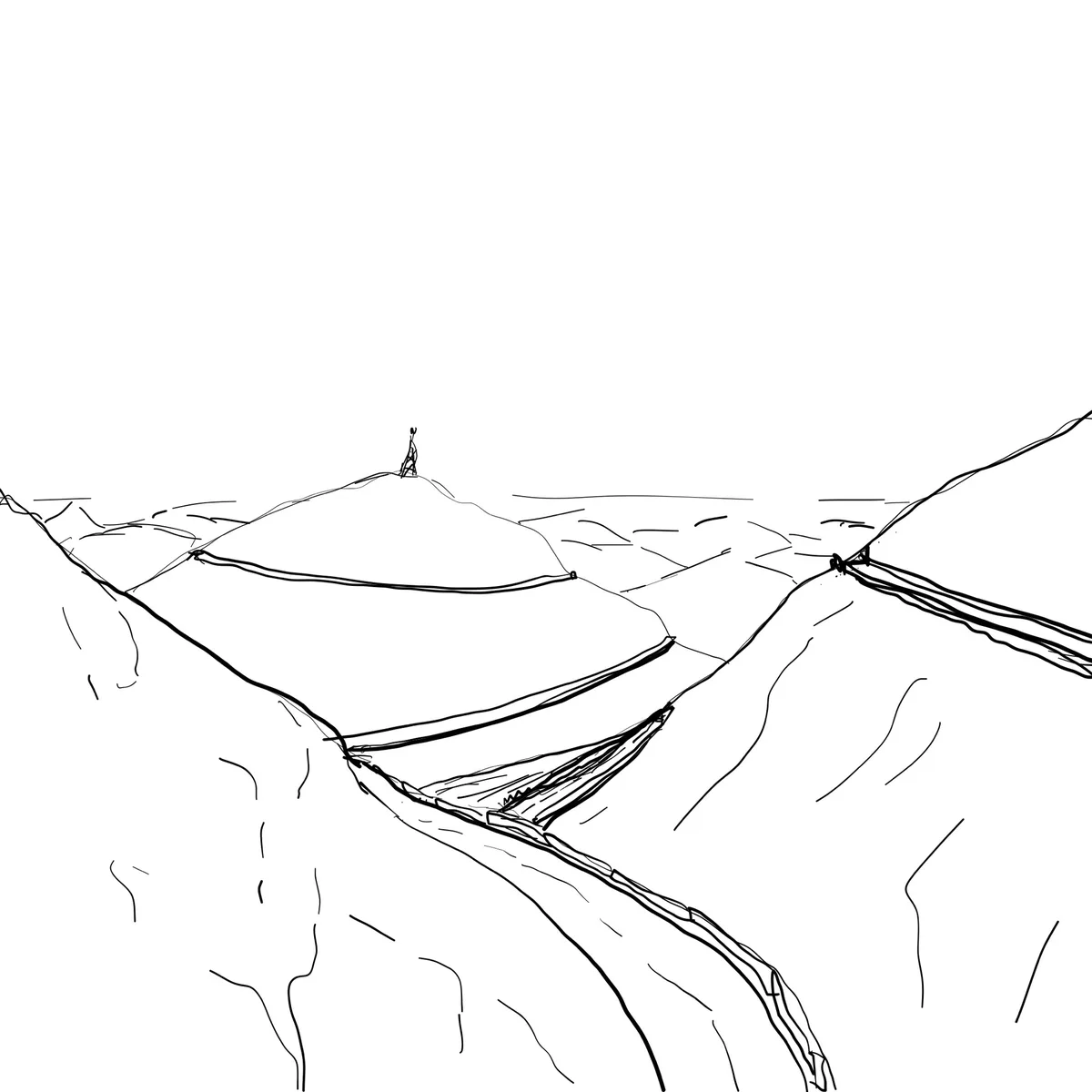 A simple black-and-white line drawing shows a stick figure standing atop a mountain peak, overlooking a deep valley with a…