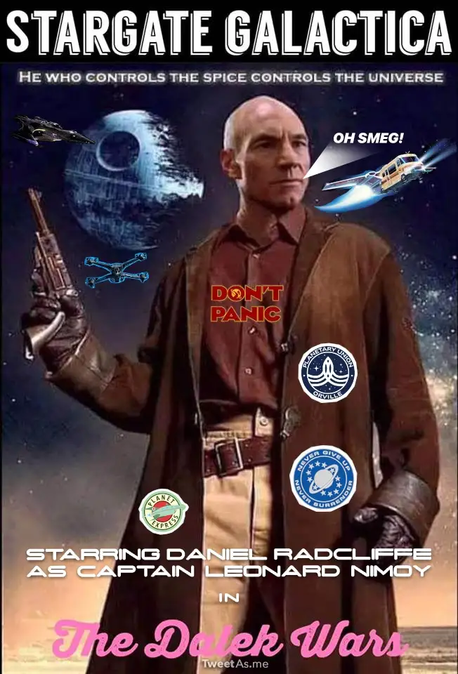A digitally altered movie poster features actor Patrick Stewart as Captain Picard from Star Trek, holding a revolver, with a…