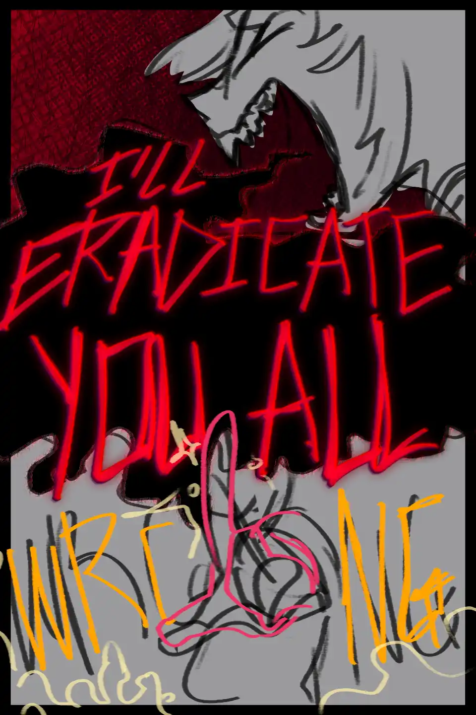 A stylized, sketchy drawing shows a menacing, grey-haired figure with a sharp, toothy grin looming over a chaotic, scribbled…