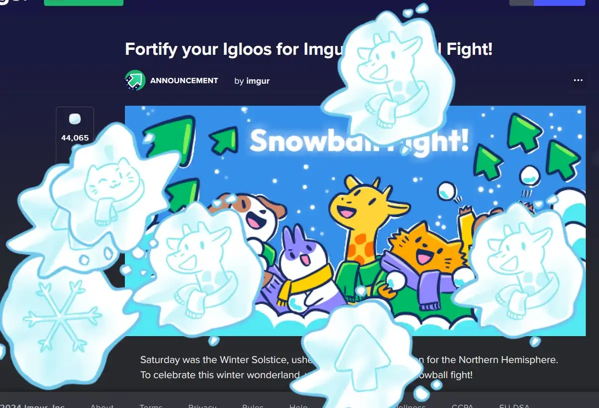 An Imgur announcement page for a 'Snowball Fight!' event, featuring cartoon animals in winter gear joyfully throwing…