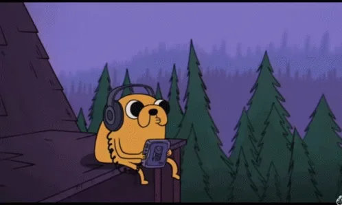 The image shows six panels of the animated character Jake the Dog from Adventure Time, sitting on a wooden ledge in a forest…