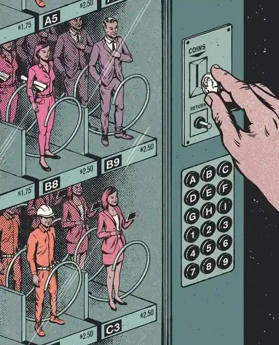 A vintage-style illustration shows a hand inserting a coin into a vending machine with a keypad and coin slot. Inside the…