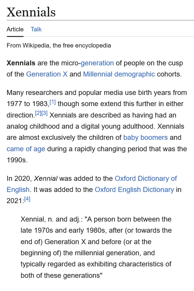 A screenshot of the Wikipedia article for 'Xennials' shows text defining them as people born between the late 1970s and…
