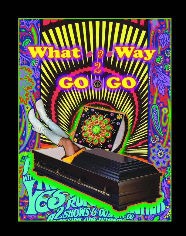 A psychedelic poster features a woman's legs in white boots emerging from an open black coffin, with a colorful mandala on…