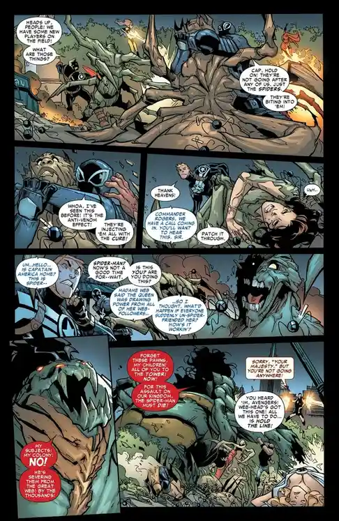 A comic book panel sequence shows Spider-Man and the Avengers battling giant spider-like creatures. Characters like Captain…