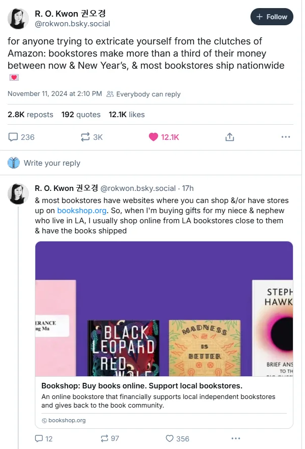 A screenshot of a social media post by R. O. Kwon promoting bookshop.org, an online platform that supports local independent…