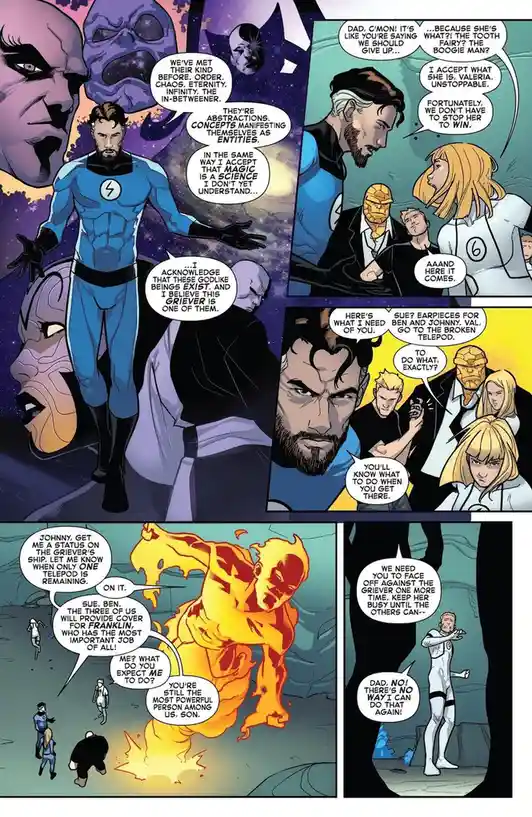 A comic book page from the Fantastic Four showing Reed Richards explaining the Grieiver to his family, who then split up to…