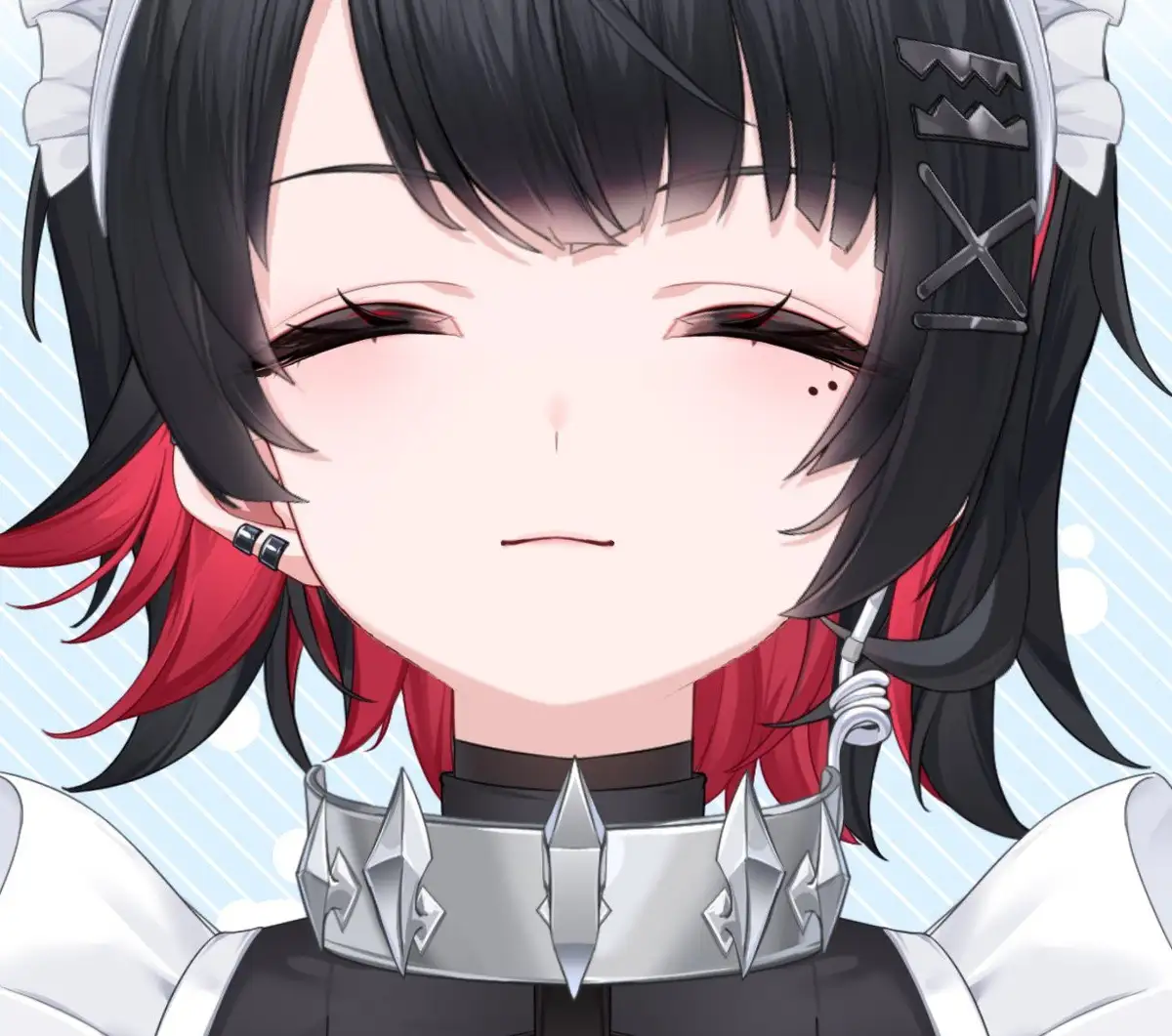 An anime-style girl with black and red hair, wearing a silver spiked collar and white headpiece, has her eyes squeezed shut…