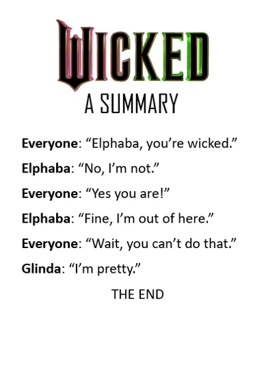 A white-background image displays the title 'WICKED A SUMMARY' in stylized font. Below, a humorous, condensed plot summary…