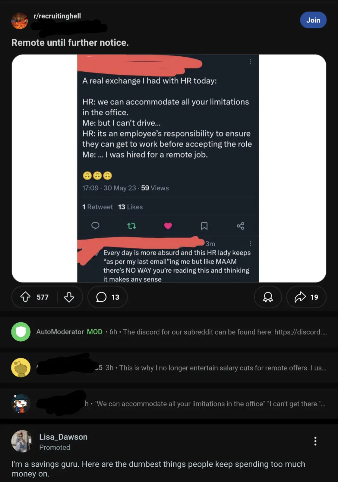 A screenshot of a Reddit post from r/recruitinghell shows a user sharing a frustrating exchange with HR where they were told…