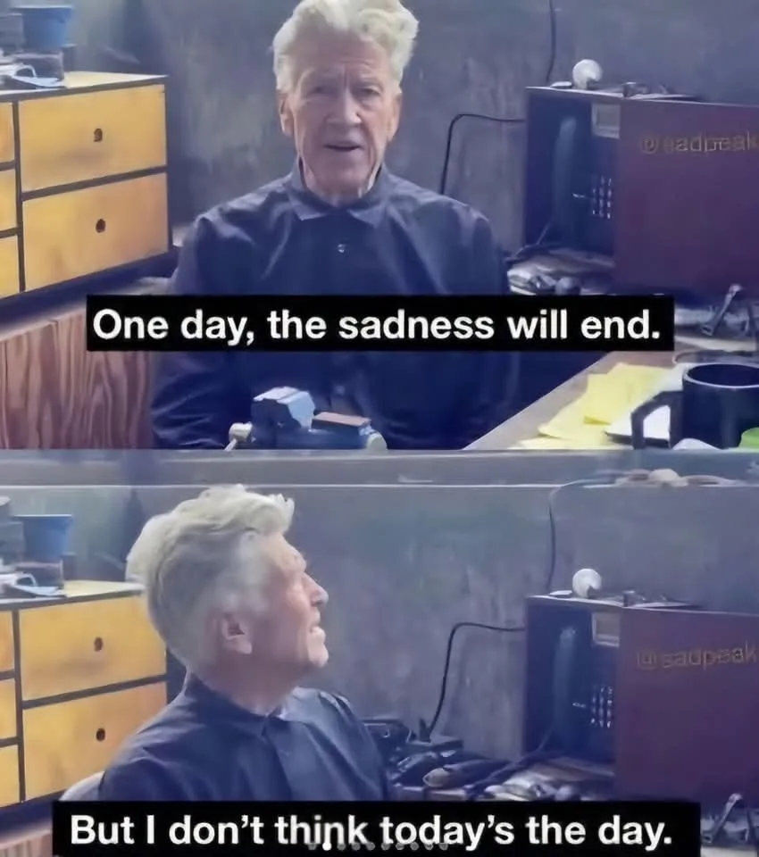 A two-panel meme featuring an older man with white hair in a dimly lit, cluttered room. In the top panel, he looks directly…