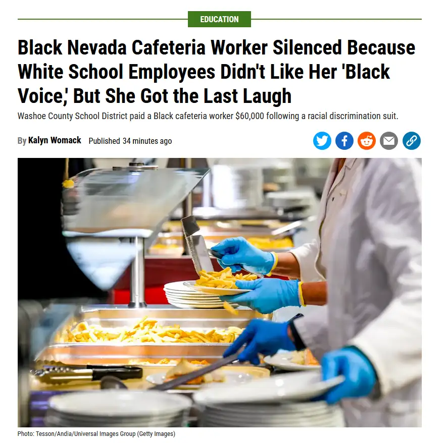 A news article screenshot shows a cafeteria worker in blue gloves serving french fries from a buffet line. The headline…