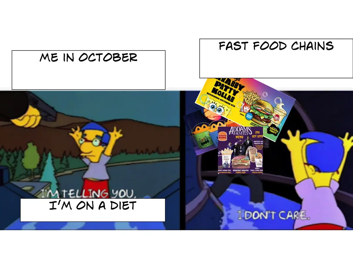 The image is a two-panel meme featuring Bart Simpson. In the left panel, Bart says 'I'm telling you, I'm on a diet' while…