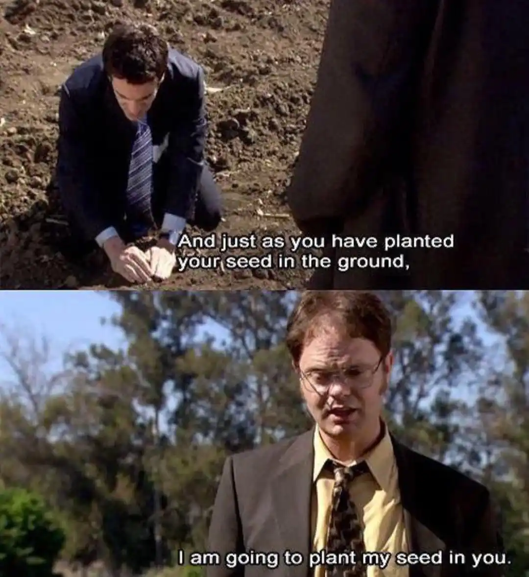 The top panel shows a man in a suit kneeling in dirt, planting something, with text overlay reading 'And just as you have…