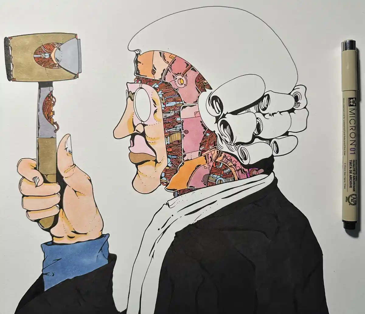 A hand-drawn illustration shows a person in profile holding a hammer with an intricate, colorful mechanical design inside…
