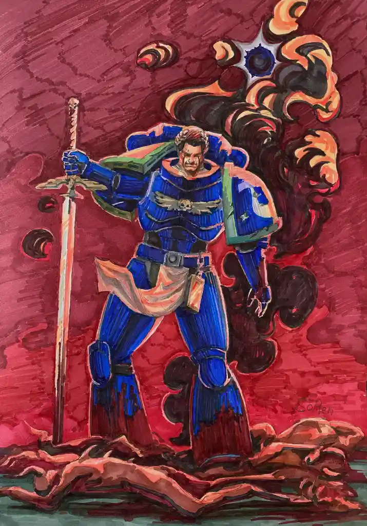A painted illustration shows a heavily armored warrior in blue power armor, holding a sword upright, standing on a rocky…