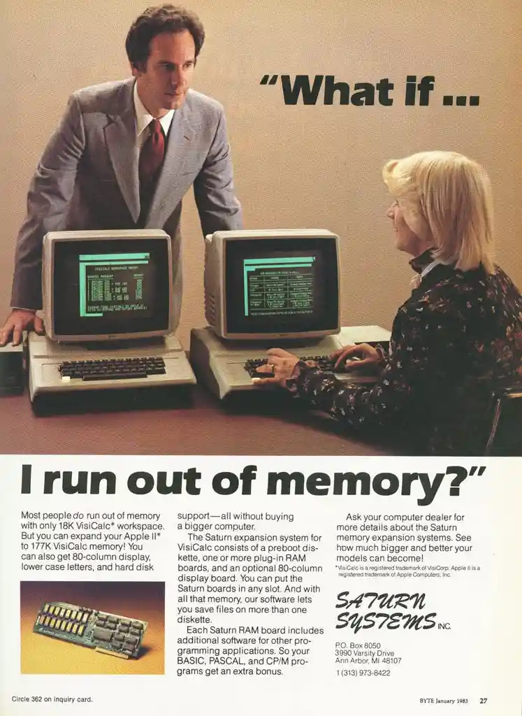 An old 1983 computer magazine ad shows a man and a woman using Apple II computers with green-on-black text displays. The man…