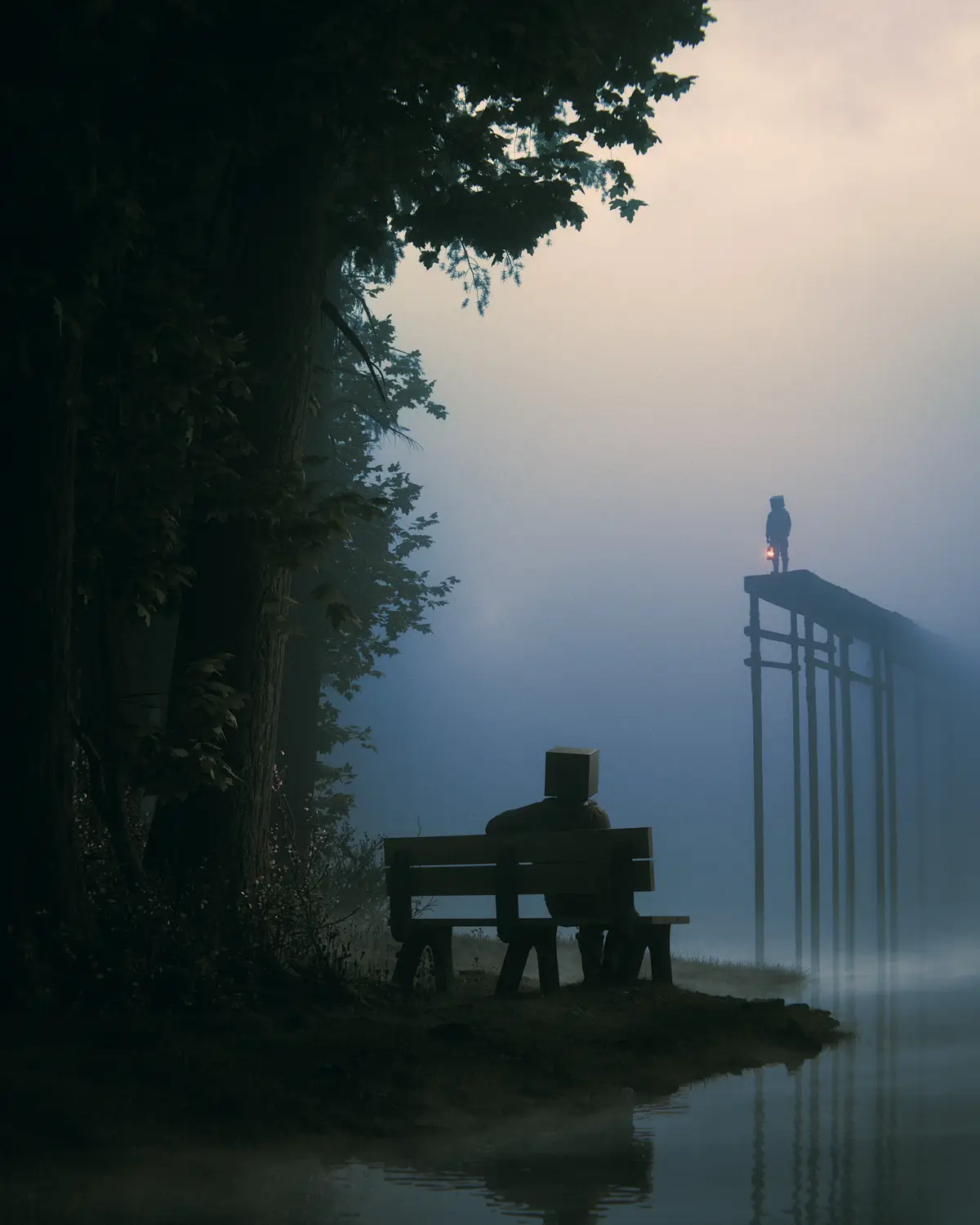 A dark, misty scene shows two figures with box heads: one sits alone on a bench by water under a tree, while another stands…