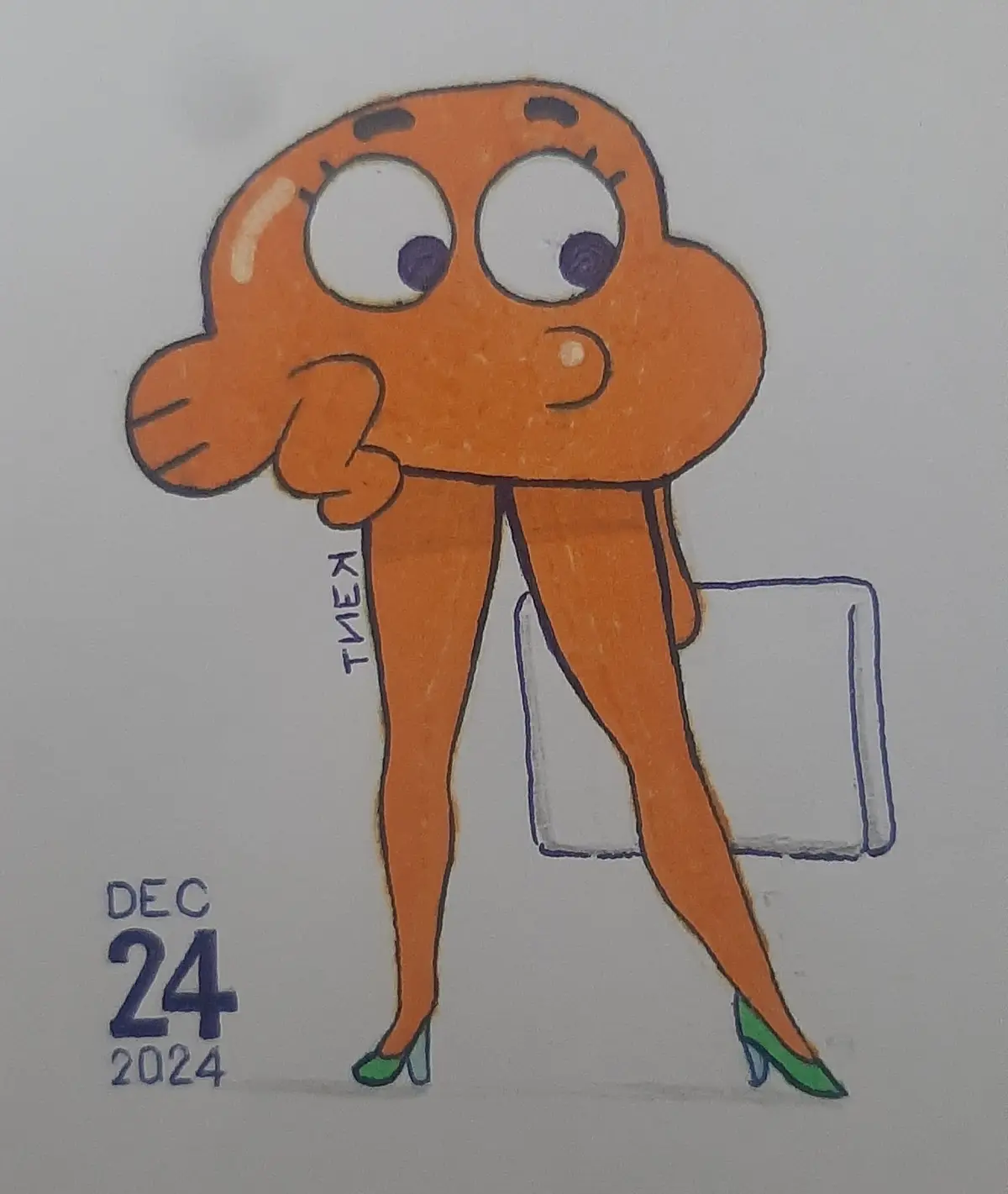 A hand-drawn cartoon of the orange, round-headed character Gumball Watterson from 'The Amazing World of Gumball' standing in…