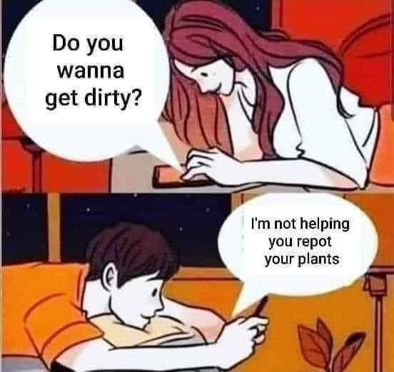 Two-panel comic: top panel shows a woman leaning over a desk asking 'Do you wanna get dirty?' while bottom panel shows a man…