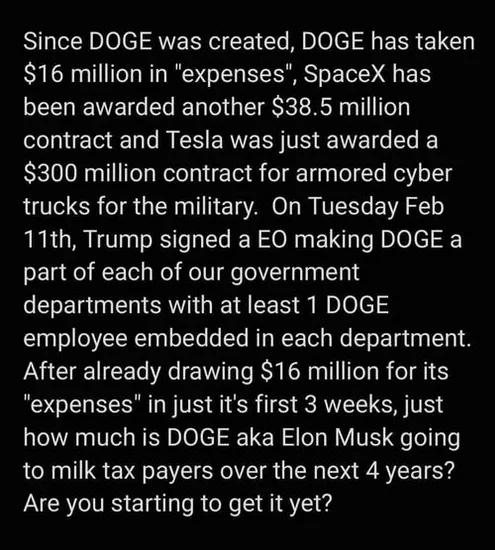 A black background with white text detailing fictional claims about DOGE (a cryptocurrency) being integrated into U.S…