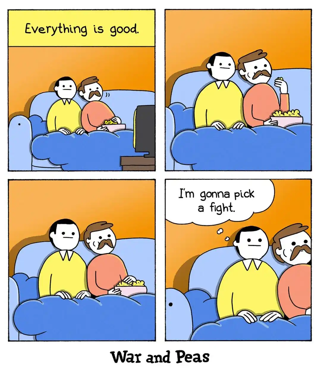 A four-panel comic strip shows two men sitting on a blue couch watching TV. In the first panel, text reads 'Everything is…