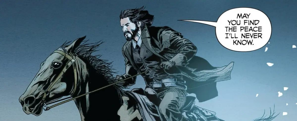 A comic book panel shows a bearded man in a dark coat riding a horse against a blue-gray background. A speech bubble next to…