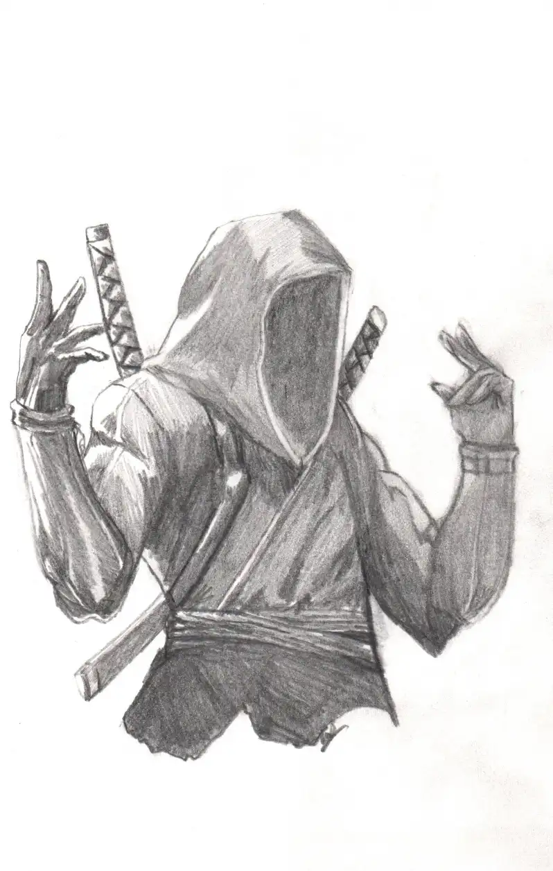 A pencil sketch depicts a hooded figure from behind, wearing a robe with a sword sheathed at their back. Both hands are…