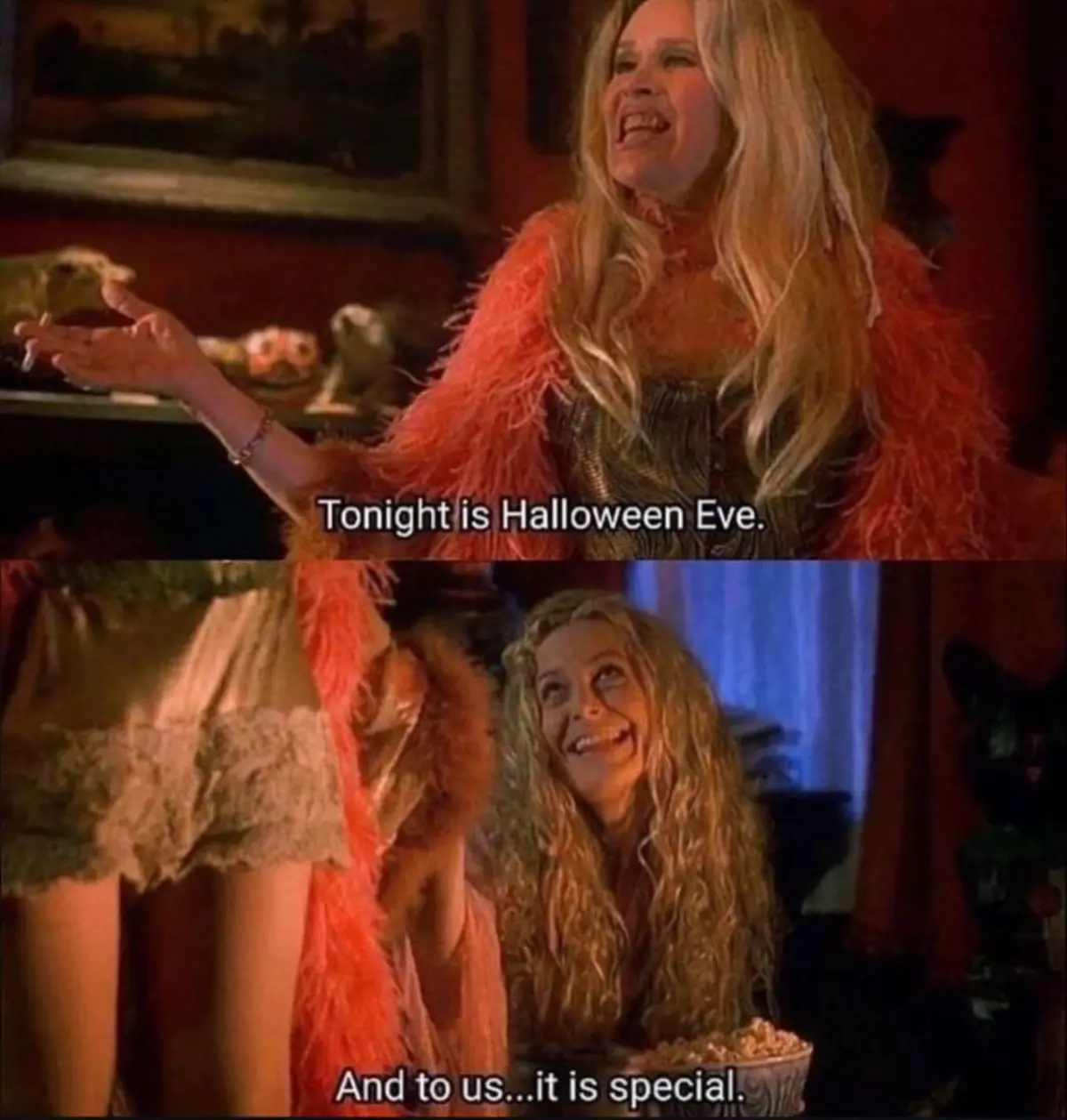 The image is a two-panel meme from the movie 'Hocus Pocus'. In the top panel, a woman with blonde hair wearing a red…