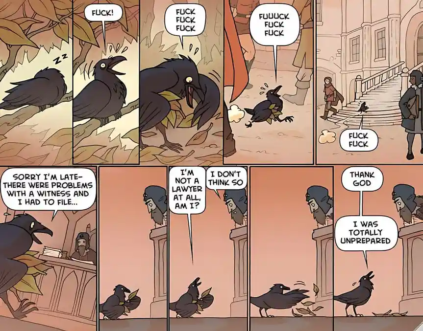 A comic strip shows a crow being repeatedly startled awake by a person walking by, escalating from "FUCK!" to "FUULLUCK FUCK…