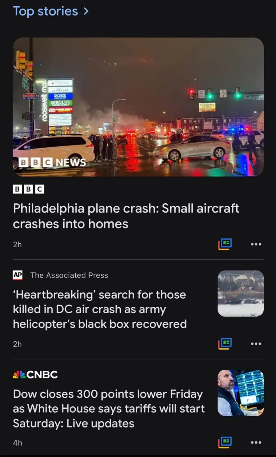A screenshot of a news feed shows a BBC headline about a plane crash in Philadelphia, but the image behind it is of a street…