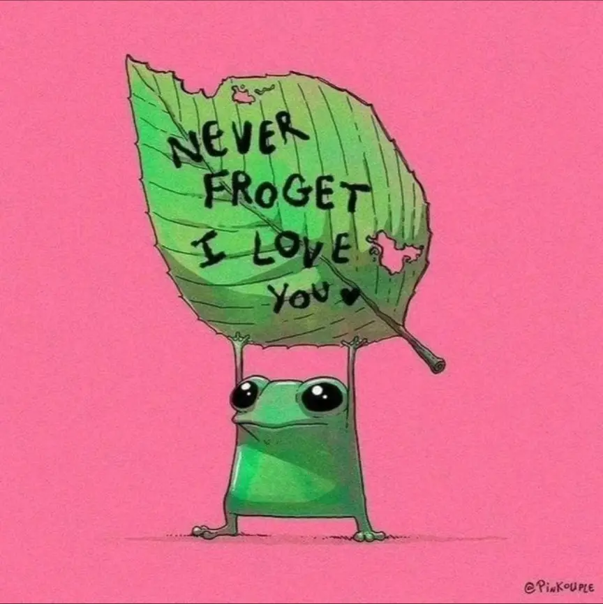 A cartoon green frog stands on a pink background holding up a large green leaf with the text 'NEVER FROGET I LOVE YOU'…