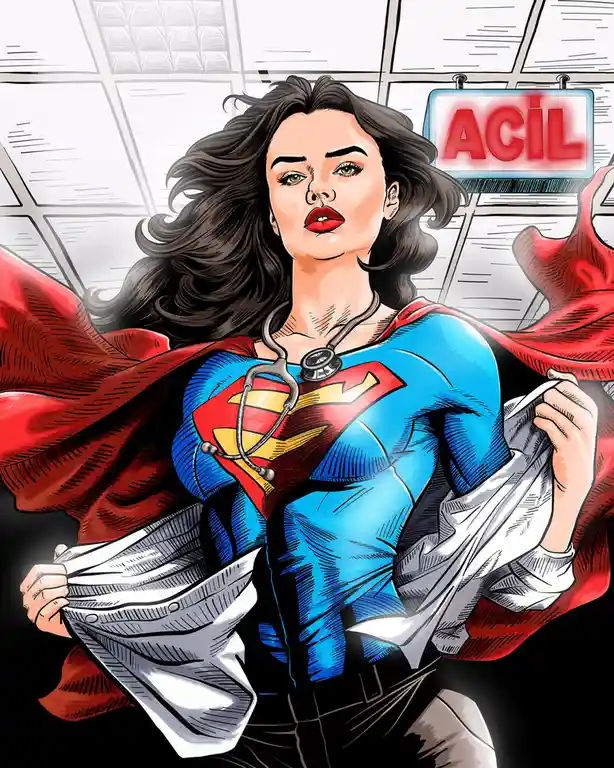 A woman in a Superman-style blue and red costume with a red cape is depicted in a comic-book style, removing a white…