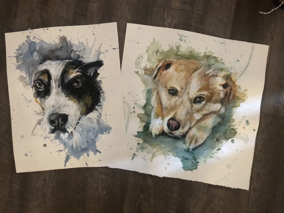 Two watercolor paintings of dogs lie side by side on a wooden floor. The left painting shows a black and white dog with…