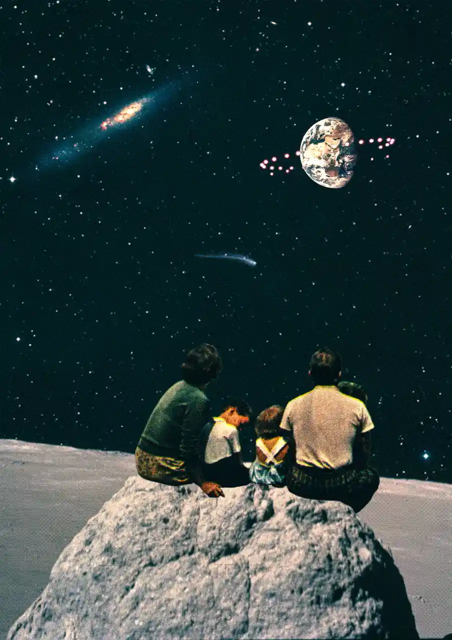 A family of four sits on a large rock on what appears to be the moon's surface, gazing up at a starry sky with Earth and a…