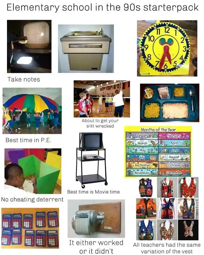 A collage of nine images depicting 1990s elementary school items: a dimly lit classroom with a projector, a beige water…