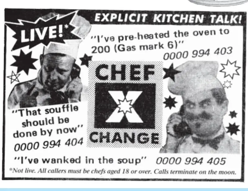 A black-and-white parody advertisement for 'Chef X Change,' featuring two chefs on the phone with a 'LIVE!' banner. The ad…