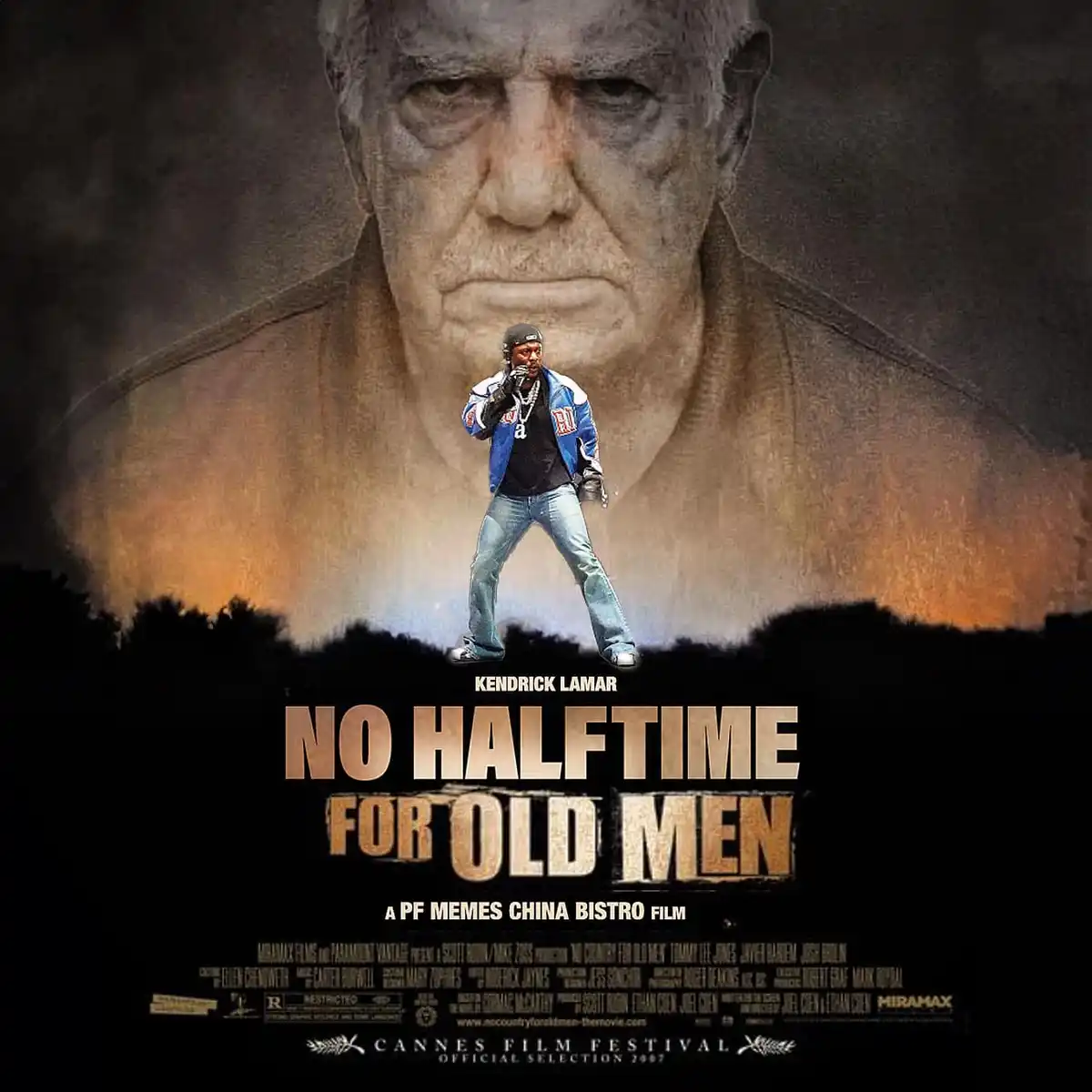 A movie poster parody featuring a small image of Kendrick Lamar rapping in front of a large, stern-faced portrait of an…